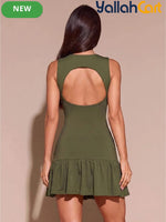 Olive Green Crinkled Mini Dress – Sleeveless High Neck Bodycon Dress