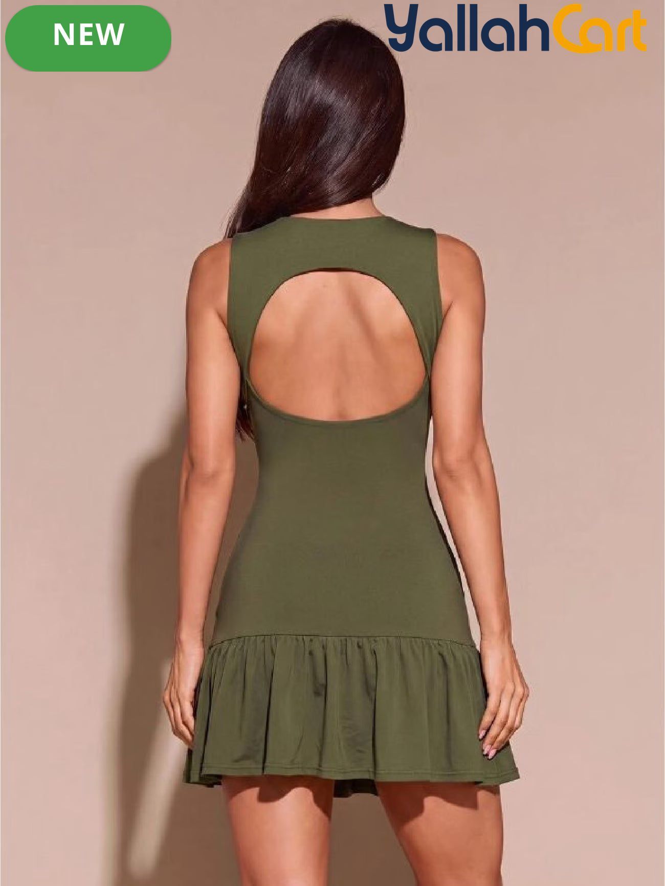 Olive Green Crinkled Mini Dress – Sleeveless High Neck Bodycon Dress