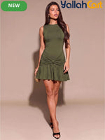 Olive Green Crinkled Mini Dress – Sleeveless High Neck Bodycon Dress