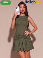 Olive Green Crinkled Mini Dress – Sleeveless High Neck Bodycon Dress