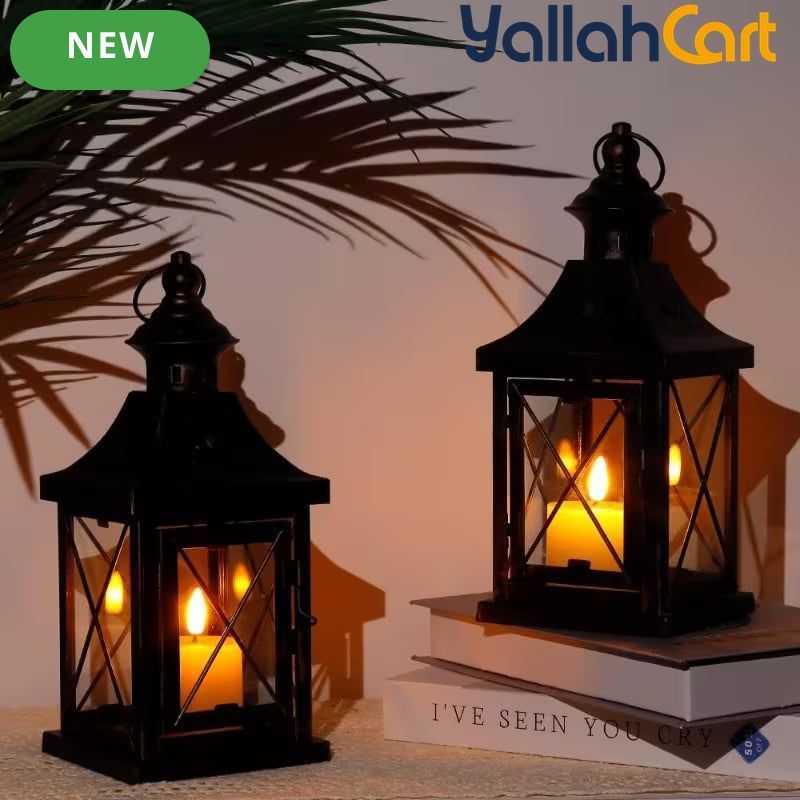 TRIROCKS Set of 2 Decorative Candle Lanterns – 27.94cm Metal Hanging Lanterns with Golden Brush Finish