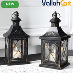 TRIROCKS Set of 2 Decorative Candle Lanterns – 27.94cm Metal Hanging Lanterns with Golden Brush Finish