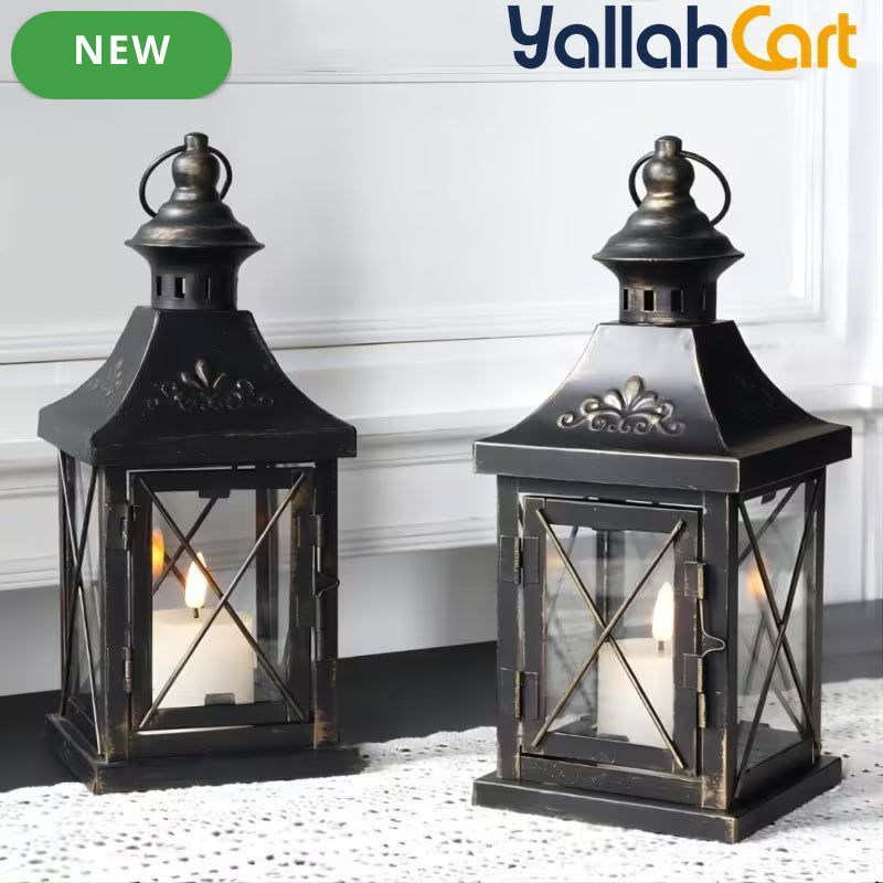 TRIROCKS Set of 2 Decorative Candle Lanterns – 27.94cm Metal Hanging Lanterns with Golden Brush Finish