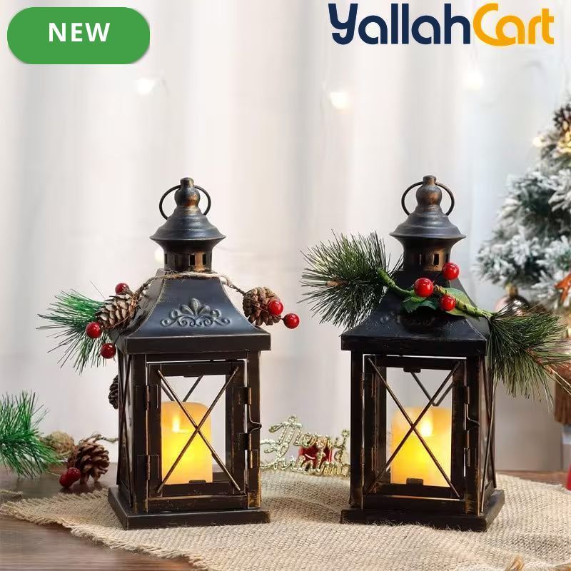 TRIROCKS Set of 2 Decorative Candle Lanterns – 27.94cm Metal Hanging Lanterns with Golden Brush Finish