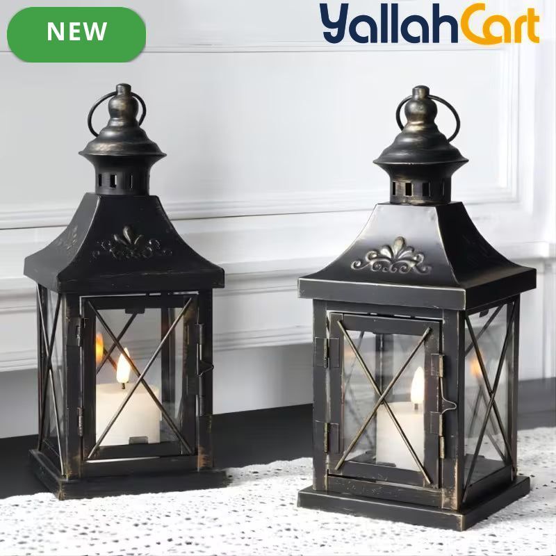 TRIROCKS Set of 2 Decorative Candle Lanterns – 27.94cm Metal Hanging Lanterns with Golden Brush Finish