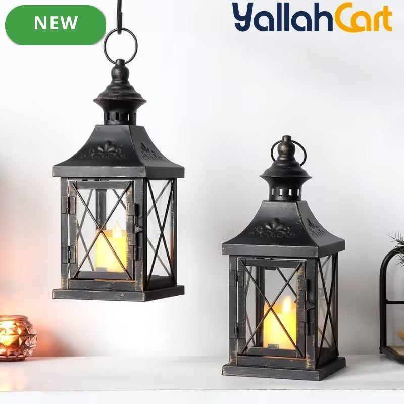 TRIROCKS Set of 2 Decorative Candle Lanterns – 27.94cm Metal Hanging Lanterns with Golden Brush Finish