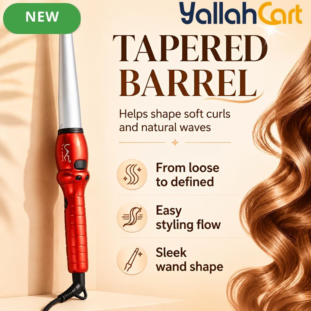 Tapered Barrel Ceramic Curling Wand – Red Hair Curler for Soft Curls & Waves