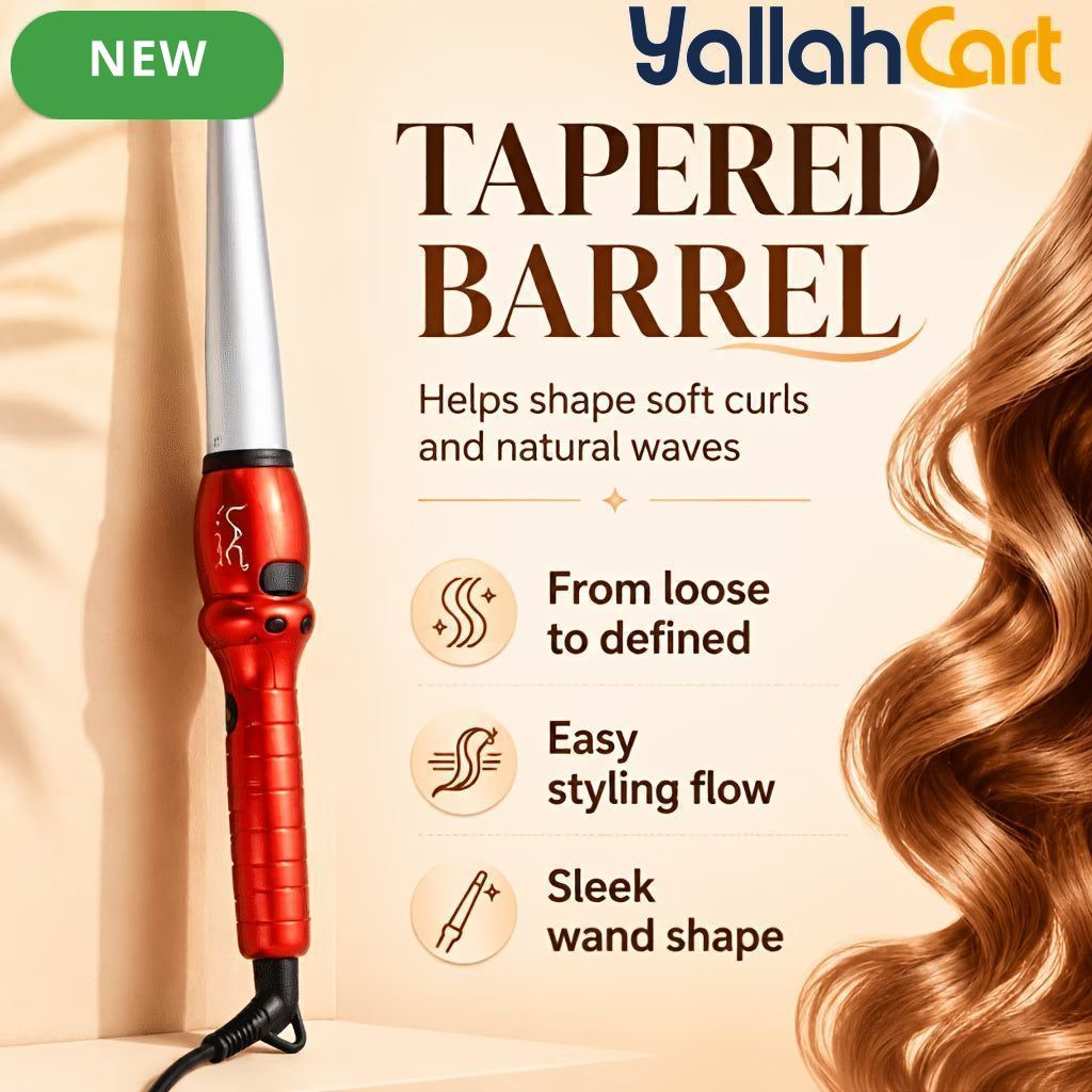 Tapered Barrel Ceramic Curling Wand – Red Hair Curler for Soft Curls & Waves