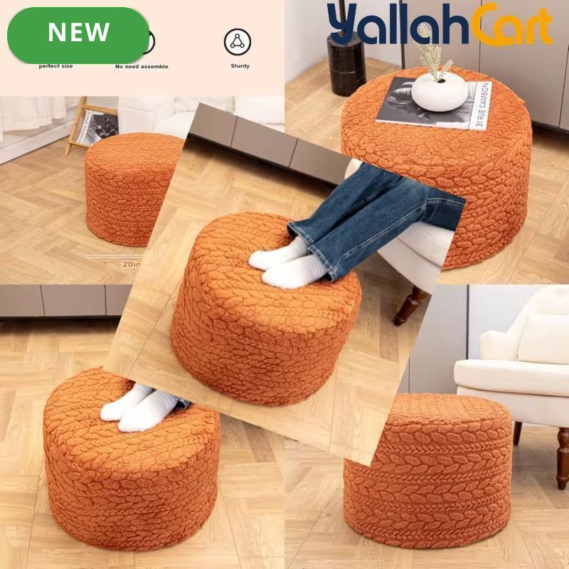 Round Burnt Orange Pouf Ottoman – Boho Footrest with High-Density Foam & Non-Slip Cover