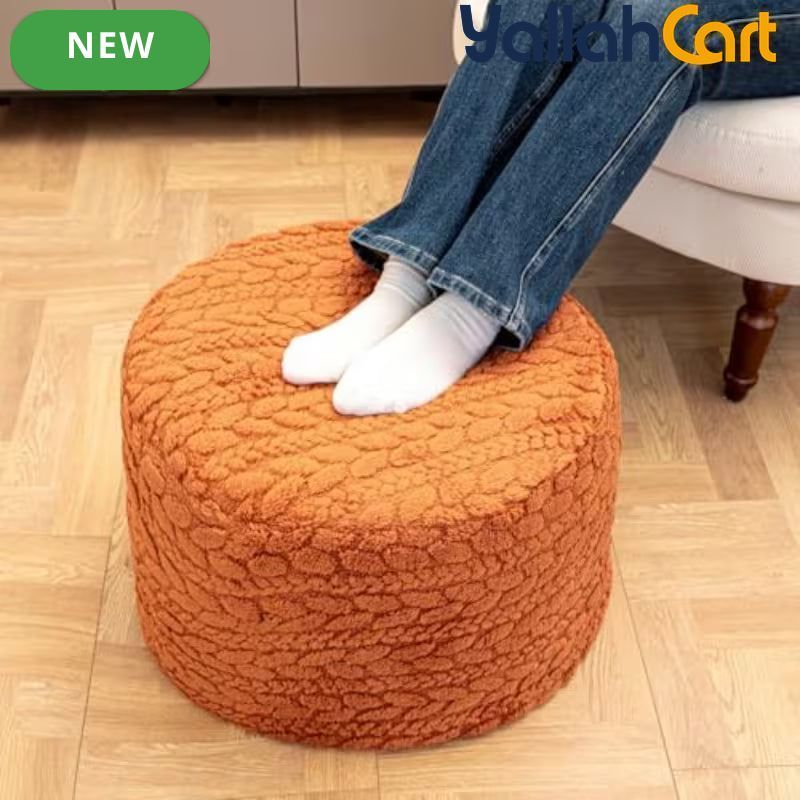 Round Burnt Orange Pouf Ottoman – Boho Footrest with High-Density Foam & Non-Slip Cover
