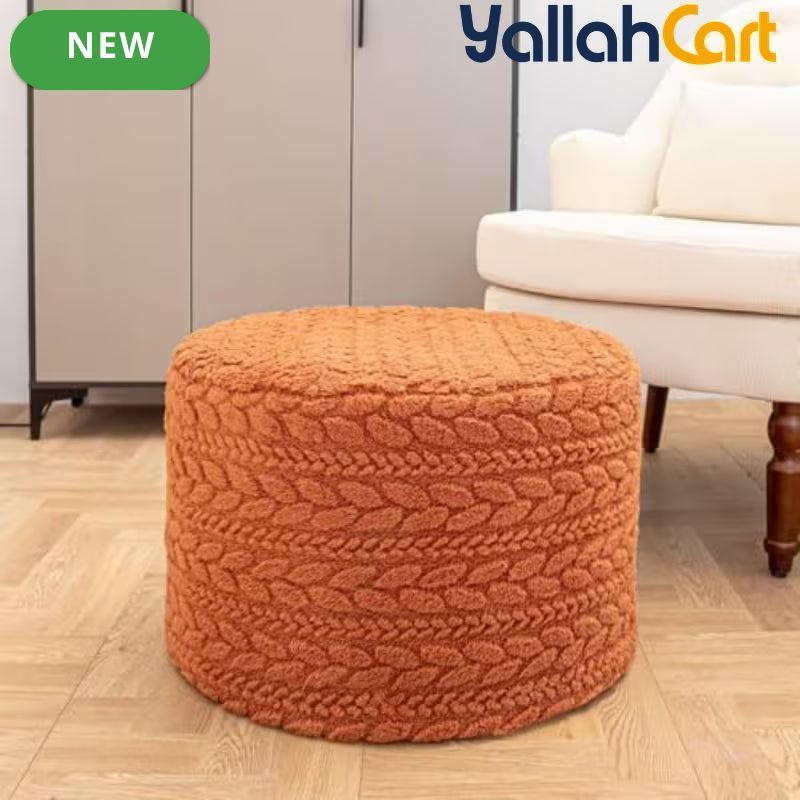 Round Burnt Orange Pouf Ottoman – Boho Footrest with High-Density Foam & Non-Slip Cover
