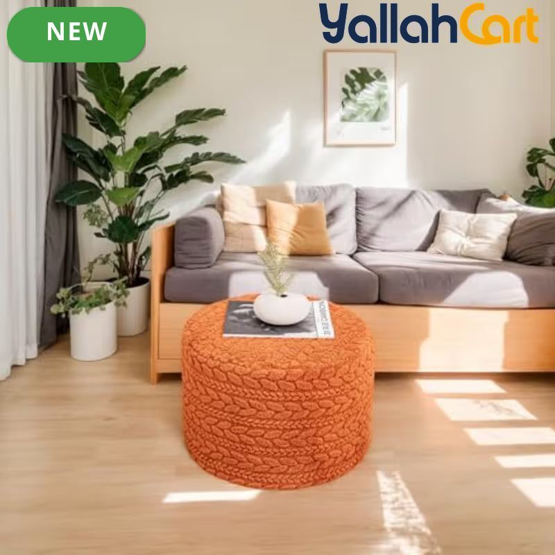 Round Burnt Orange Pouf Ottoman – Boho Footrest with High-Density Foam & Non-Slip Cover