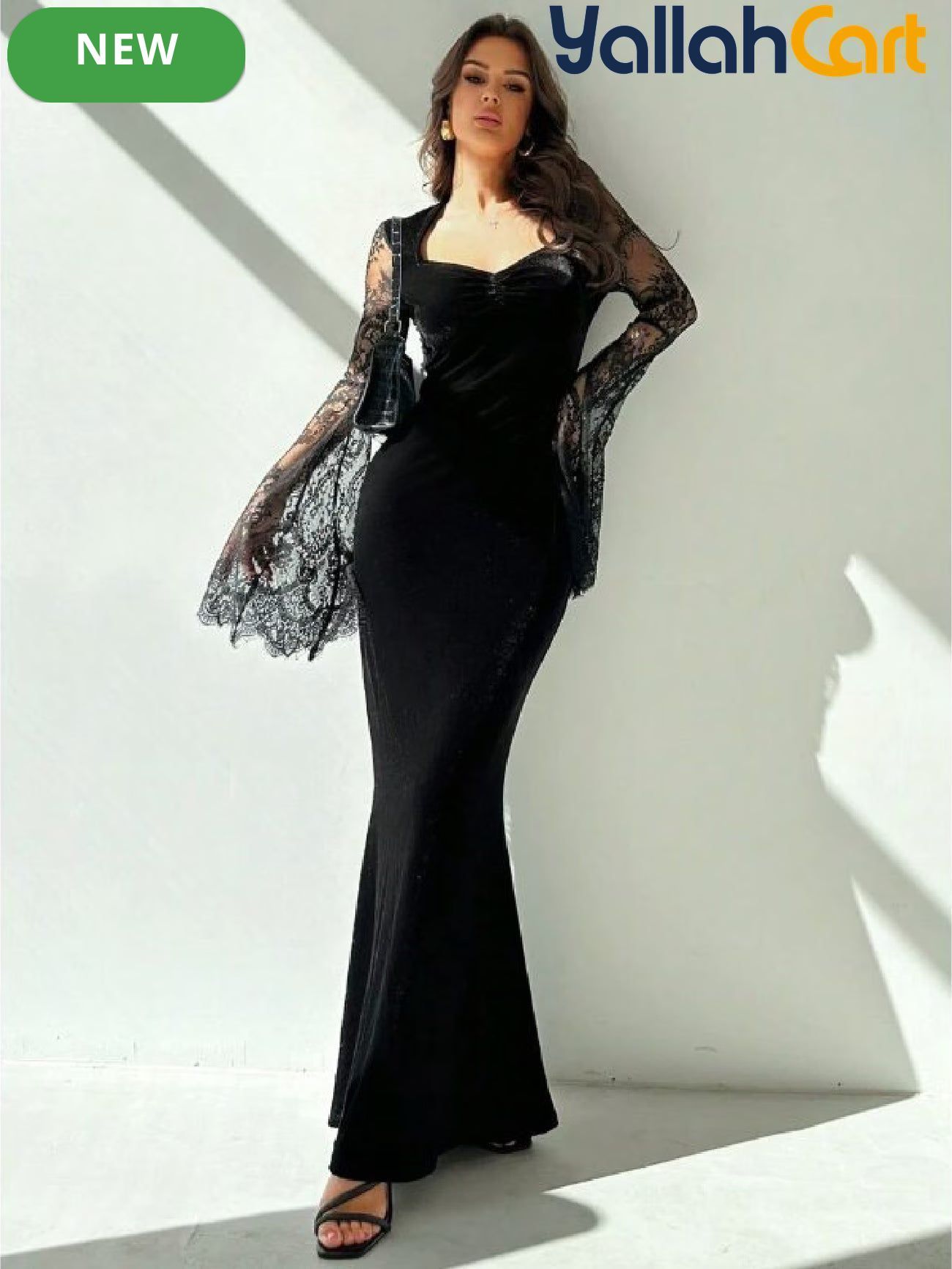 Gothic Off-Shoulder Lace Trim Dress with Bell Sleeves