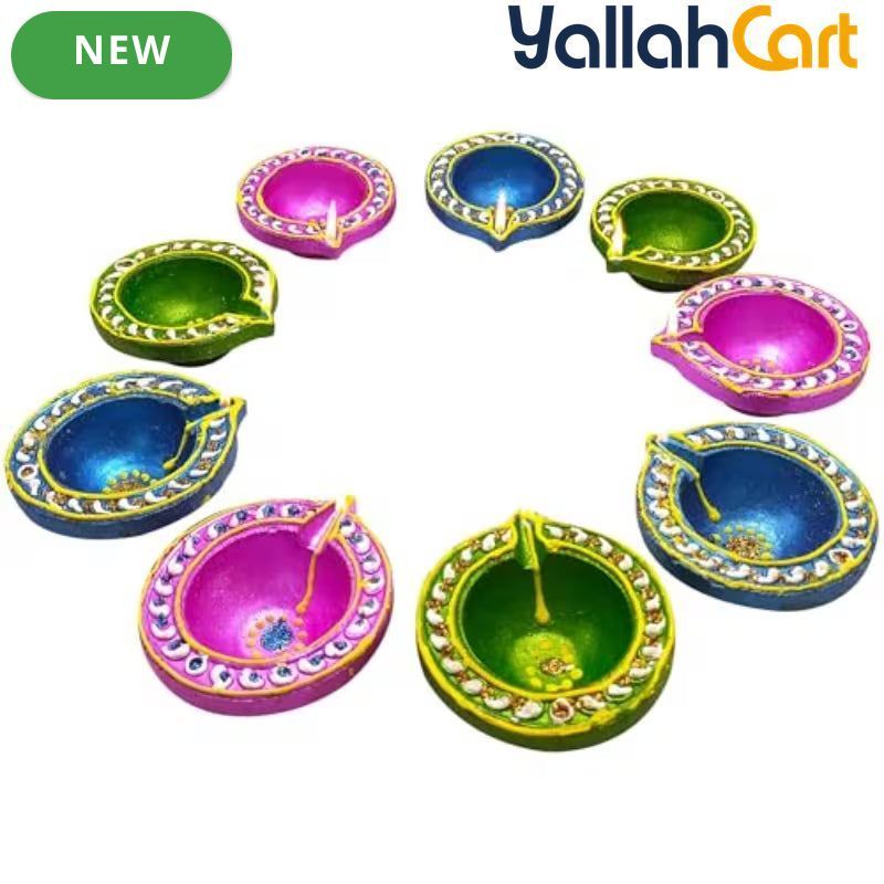 9-Piece Handmade Terracotta Diya Set – Multicolor Mitti Oil Lamps for Pooja & Festival Décor
