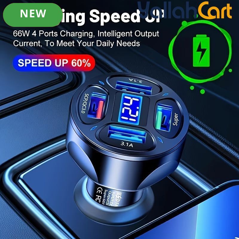 120W 4-Port USB Car Charger with Digital Display Fast Charging