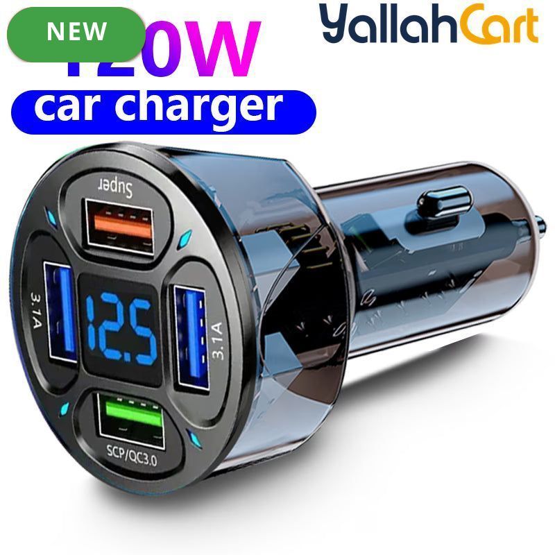 120W 4-Port USB Car Charger with Digital Display Fast Charging