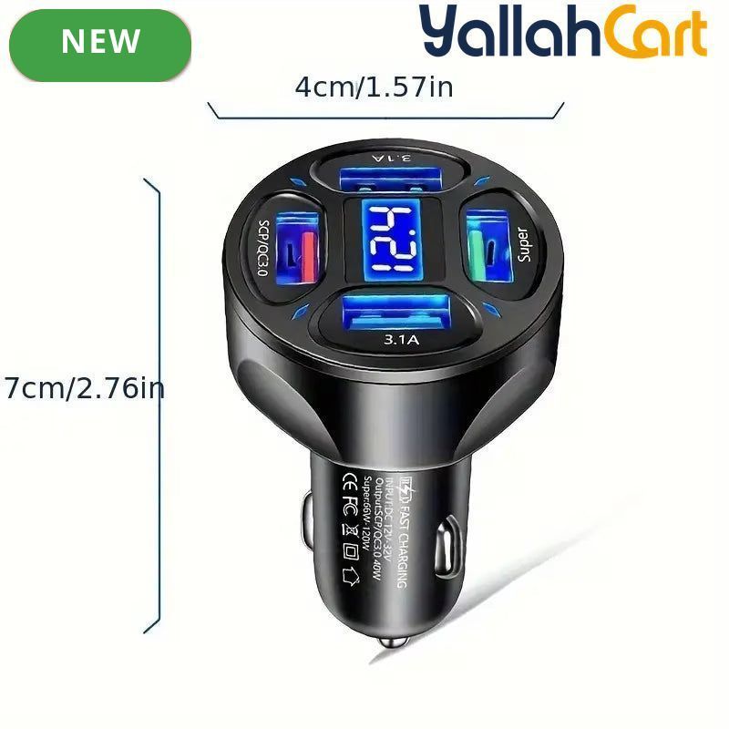 120W 4-Port USB Car Charger with Digital Display Fast Charging