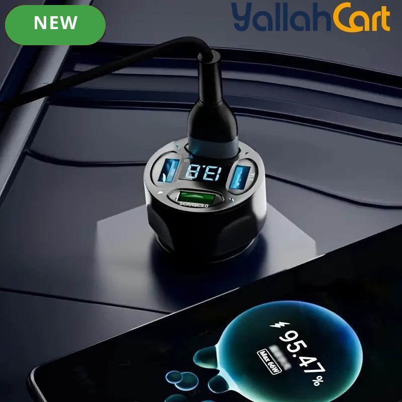 120W 4-Port USB Car Charger with Digital Display Fast Charging