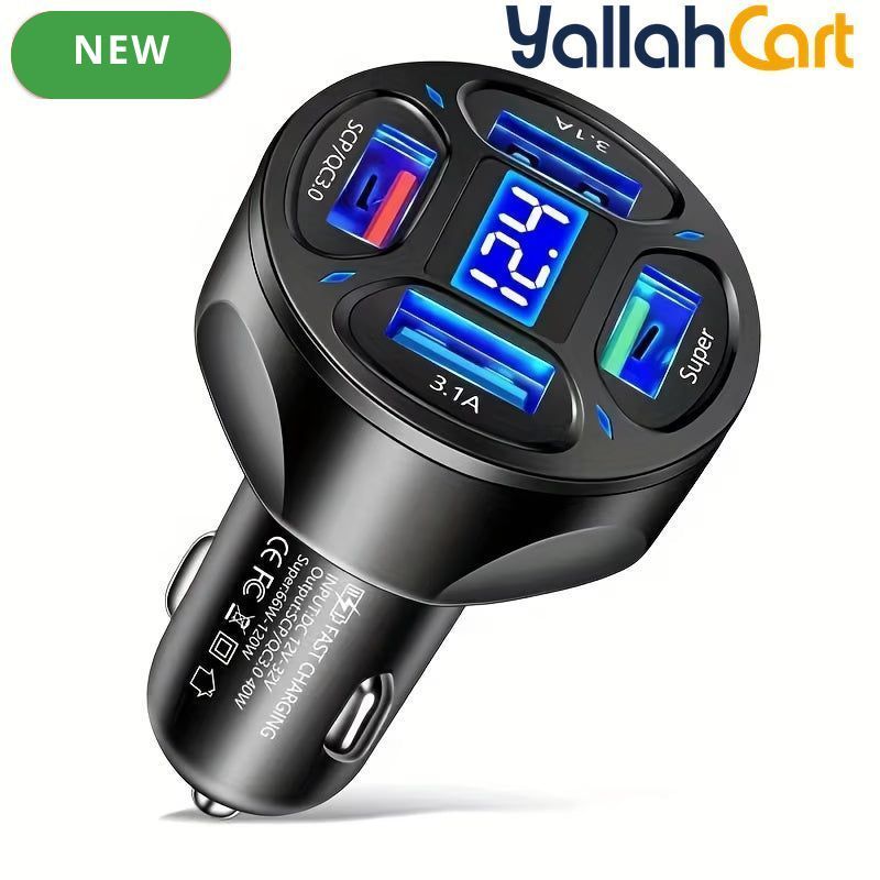 120W 4-Port USB Car Charger with Digital Display Fast Charging
