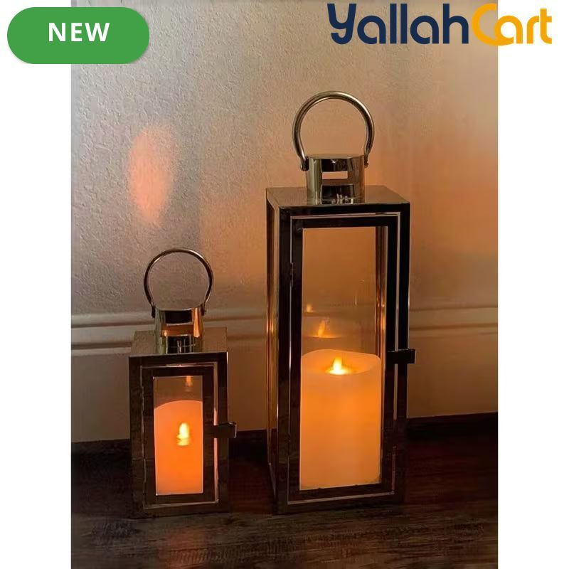 Elegant Champagne Gold Glass Candle Holder – Windproof Stainless Steel Floor-Standing Lantern