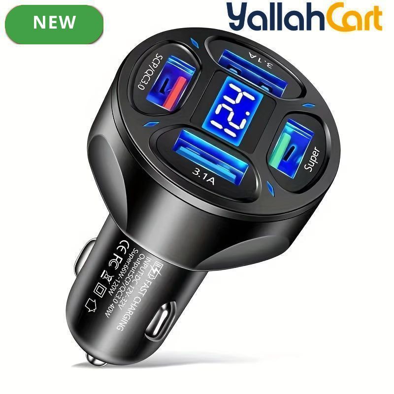 120W 4-Port USB Car Charger with Digital Display Fast Charging