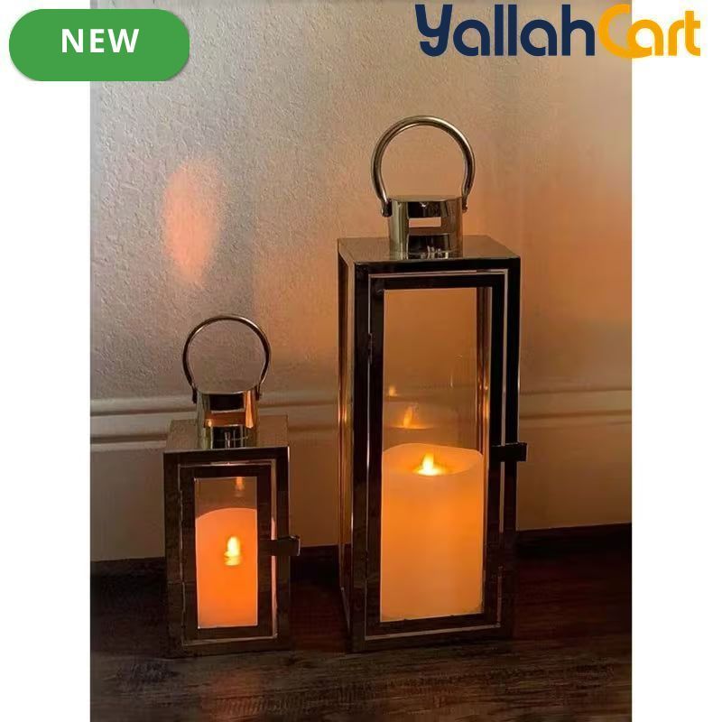 Elegant Champagne Gold Glass Candle Holder – Windproof Stainless Steel Floor-Standing Lantern