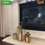 Elegant Champagne Gold Glass Candle Holder – Windproof Stainless Steel Floor-Standing Lantern