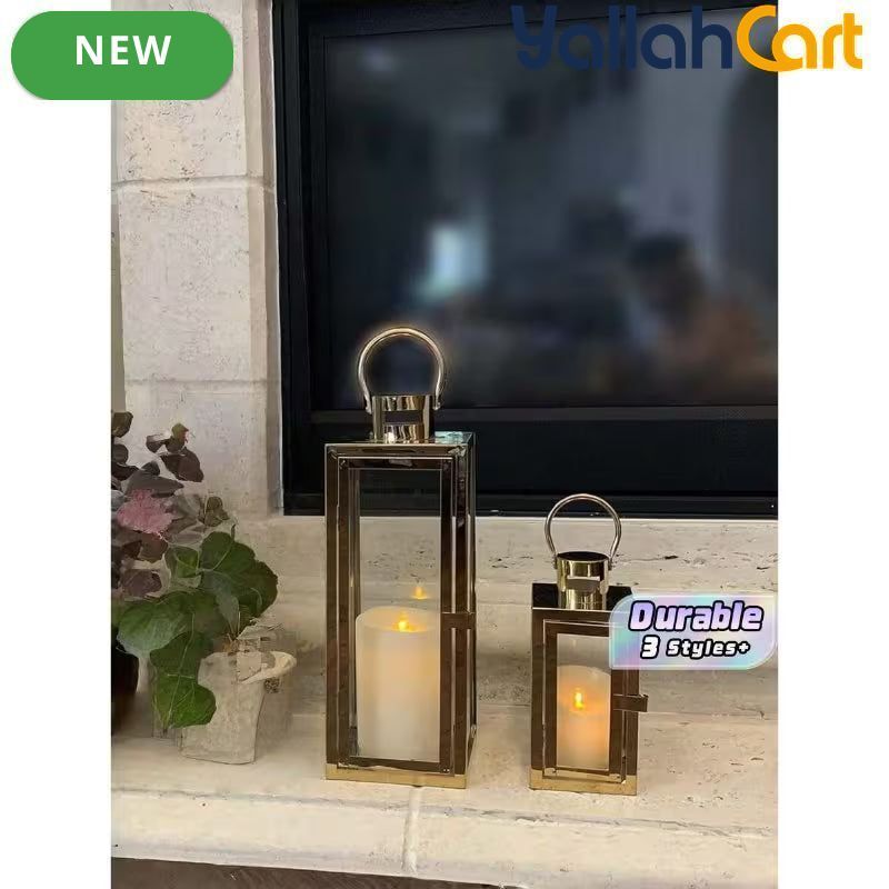 Elegant Champagne Gold Glass Candle Holder – Windproof Stainless Steel Floor-Standing Lantern