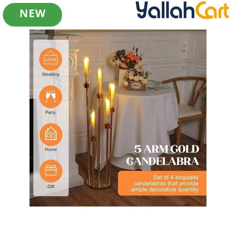 107.95cm 5-Arm Golden Floor Candle Holder – Metal Centerpiece for Weddings & Home Décor