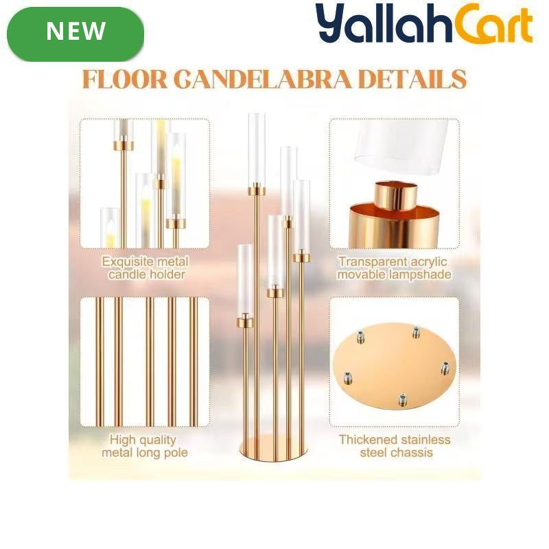 107.95cm 5-Arm Golden Floor Candle Holder – Metal Centerpiece for Weddings & Home Décor