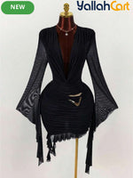 Elegant Long Sleeve Mesh Mini Dress with Ring Neck & Ruffle Details