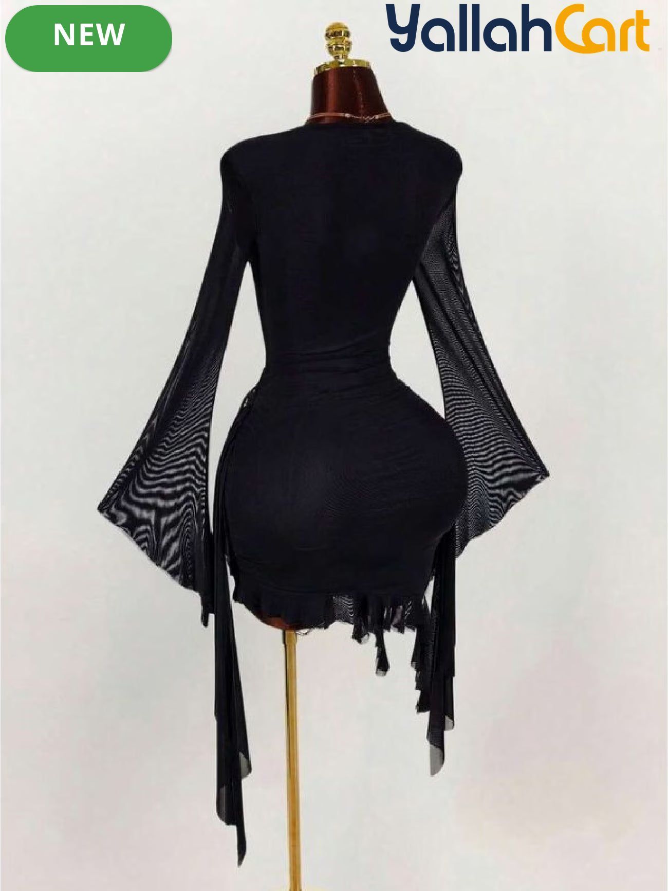 Elegant Long Sleeve Mesh Mini Dress with Ring Neck & Ruffle Details