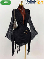 Elegant Long Sleeve Mesh Mini Dress with Ring Neck & Ruffle Details