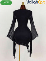 Elegant Long Sleeve Mesh Mini Dress with Ring Neck & Ruffle Details