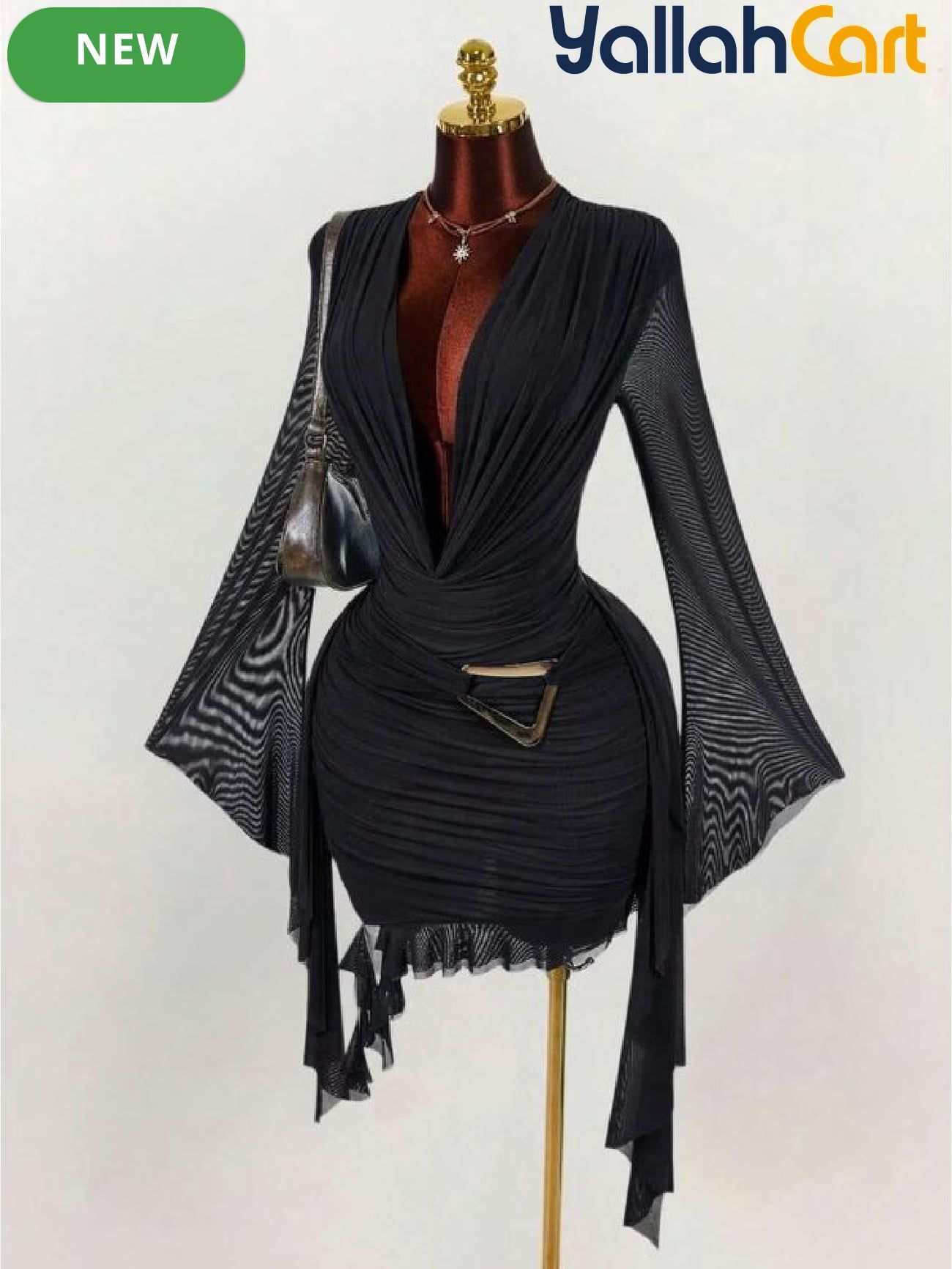 Elegant Long Sleeve Mesh Mini Dress with Ring Neck & Ruffle Details