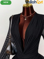 Elegant Long Sleeve Mesh Mini Dress with Ring Neck & Ruffle Details