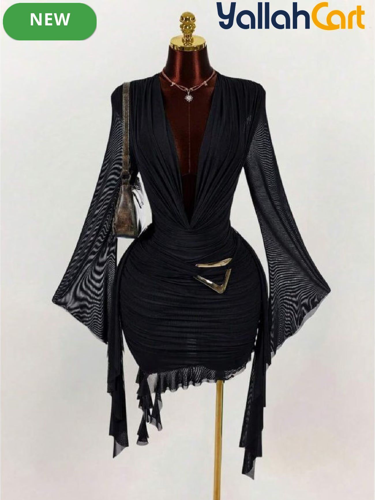 Elegant Long Sleeve Mesh Mini Dress with Ring Neck & Ruffle Details