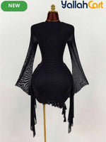 Elegant Long Sleeve Mesh Mini Dress with Ring Neck & Ruffle Details