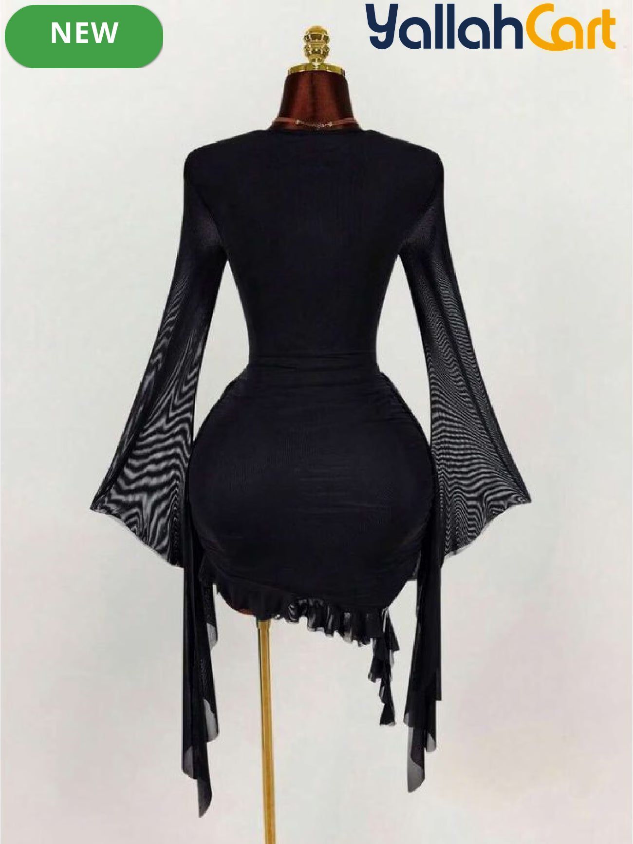 Elegant Long Sleeve Mesh Mini Dress with Ring Neck & Ruffle Details