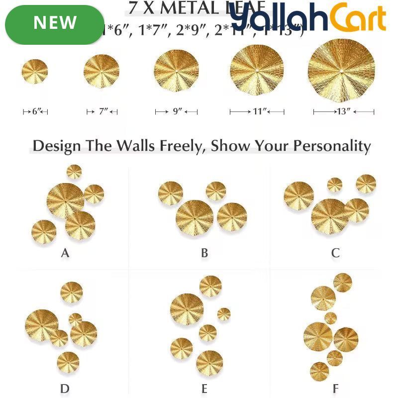 7-Piece Golden Metal Leaf Wall Art – 3D Decorative Wall Sculptures for Home & Office