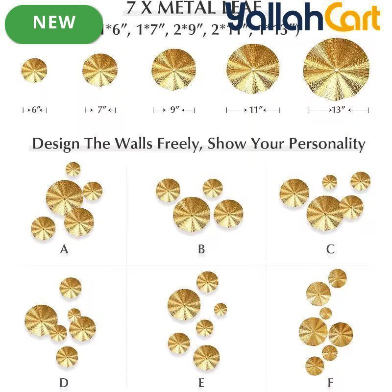 7-Piece Golden Metal Leaf Wall Art – 3D Decorative Wall Sculptures for Home & Office