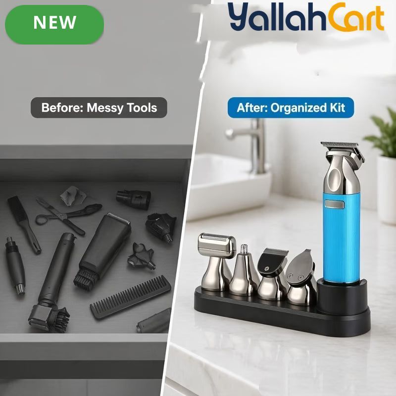 4-in-1 Complete Men's Grooming Set – Premium Blue Metal Handle Hair & Beard Trimmer Kit with Charging Base