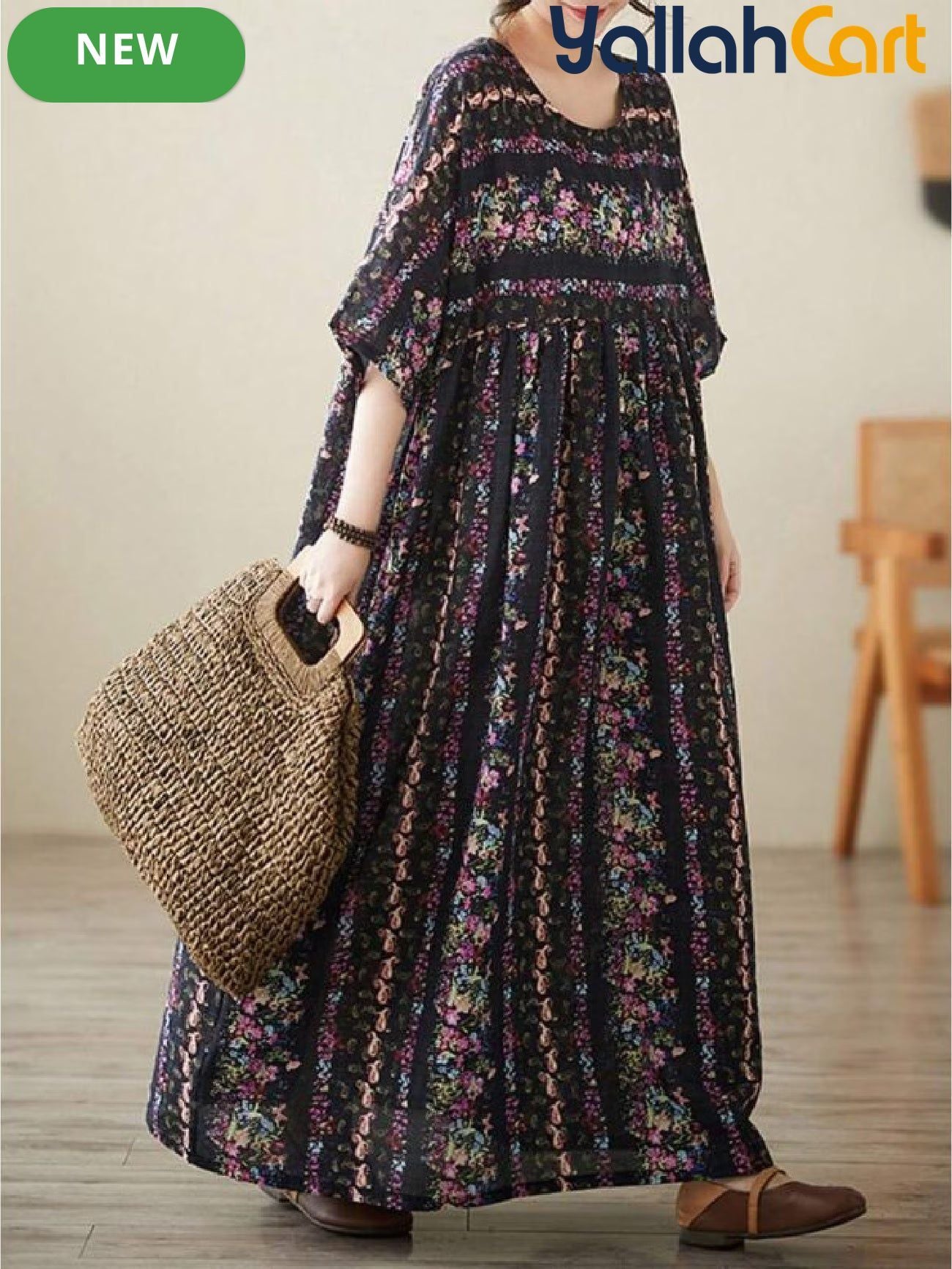 Loose-Fit Striped Summer Dress – Bohemian Round Neck Short Sleeve