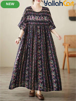 Loose-Fit Striped Summer Dress – Bohemian Round Neck Short Sleeve