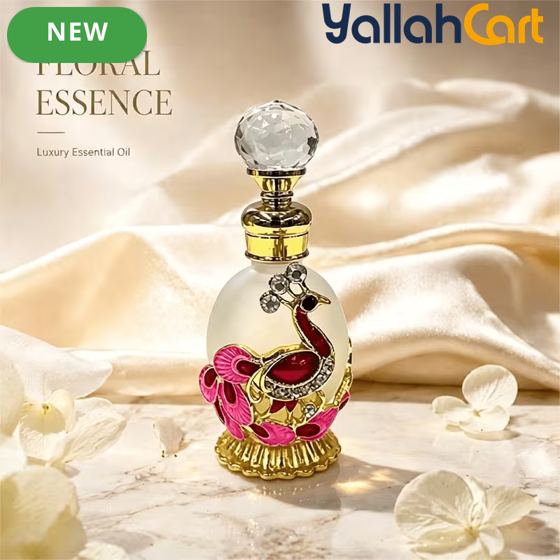 15ml Refillable Peacock Crystal Perfume Bottle – Elegant Essential Oil Dispenser with Metal Base