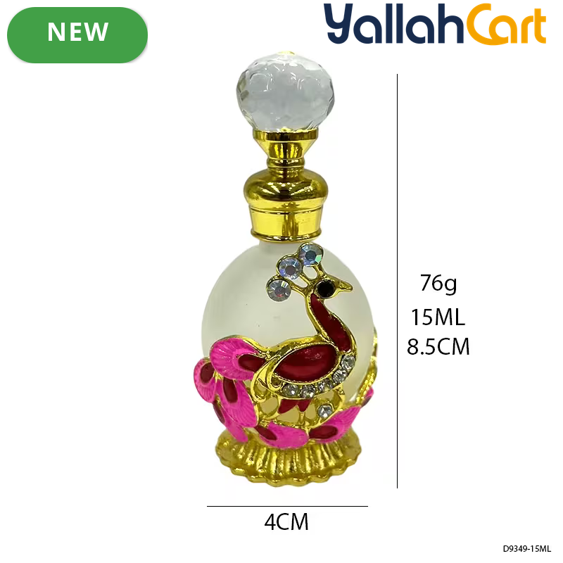 15ml Refillable Peacock Crystal Perfume Bottle – Elegant Essential Oil Dispenser with Metal Base
