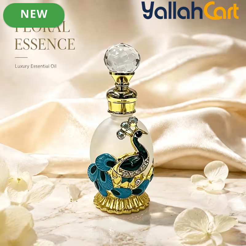 15ml Refillable Peacock Crystal Perfume Bottle – Elegant Essential Oil Dispenser with Metal Base