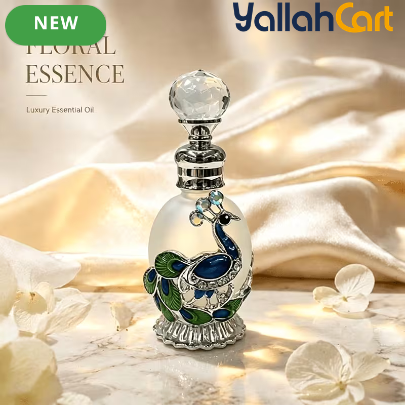 15ml Refillable Peacock Crystal Perfume Bottle – Elegant Essential Oil Dispenser with Metal Base