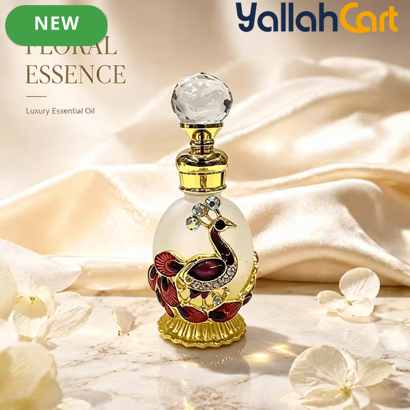 15ml Refillable Peacock Crystal Perfume Bottle – Elegant Essential Oil Dispenser with Metal Base