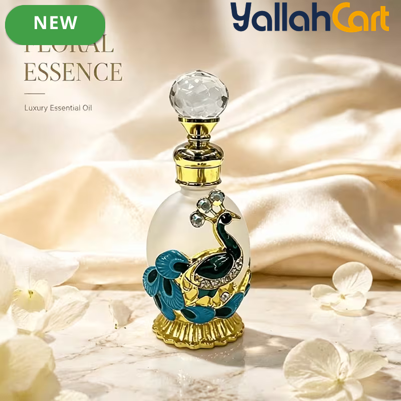 15ml Refillable Peacock Crystal Perfume Bottle – Elegant Essential Oil Dispenser with Metal Base
